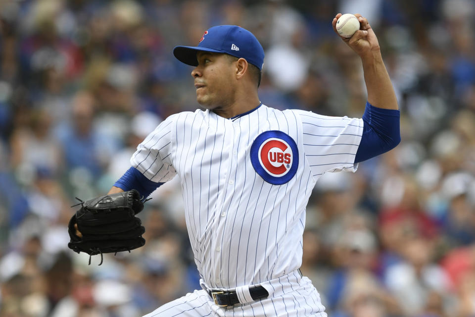 Chicago Cubs starter Jose Quintana delivers a pitch during the second inning of a baseball game against the Milwaukee Brewers Friday, Aug 30, 2019, in Chicago. (AP Photo/Paul Beaty)