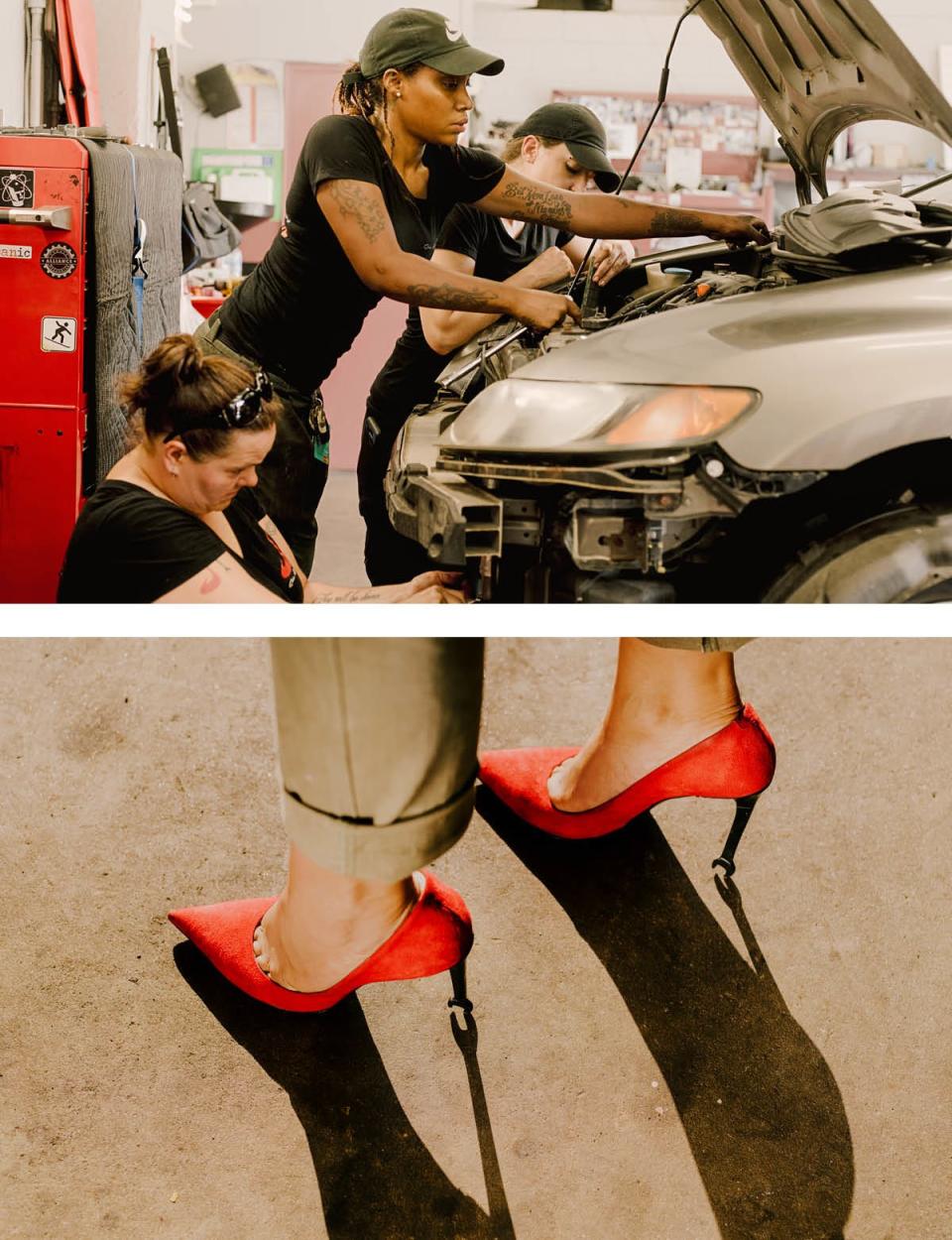 All Hands on Deck Above, from right: Sweeney and technicians Chidique Alburg and Heather Dagel tune up a client’s car. Girls Auto Clinic offers everything from emissions inspections and tire rotations to free monthly Car Care Workshops. Brave New Heights Right: “I used to be ashamed of my heels because they have grease on them from the work I do,” Banks says of her custom Barollo wrench pumps. “Now I love coming in with my heels all beat up. They’re like my scars that I’m proud of.”