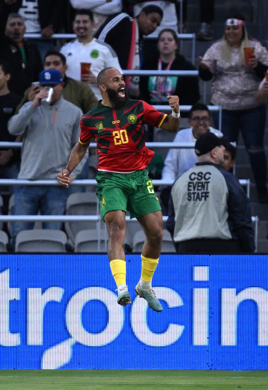 Bryan Mbeumo celebra tras anotar el primer gol con el que puso en ventaja a Camerún ante México en partido amistoso