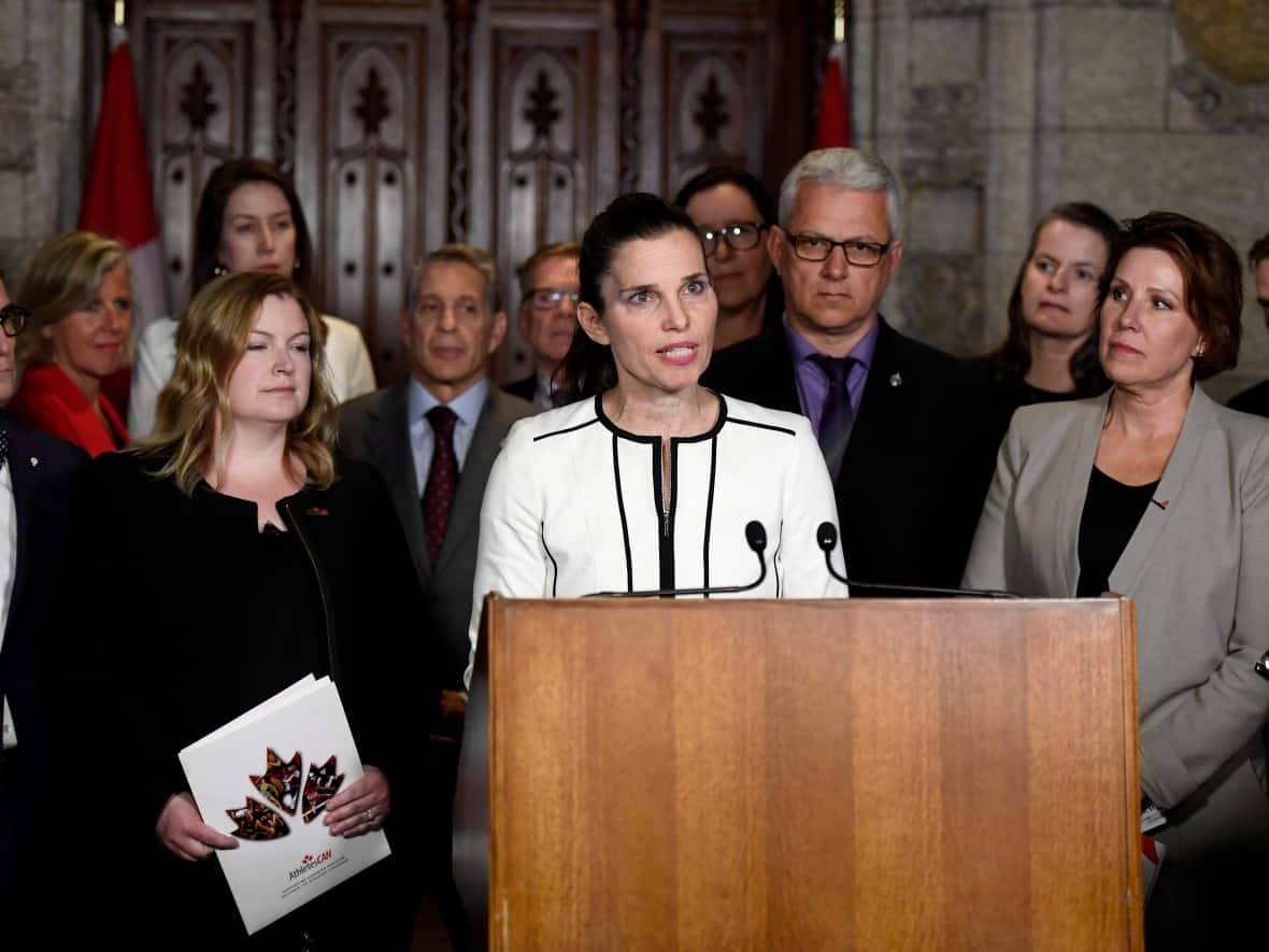 Kirsty Duncan makes an announcement about the elimination of harassment, abuse and discrimination in sport in the foyer of the House of Commons on June 19, 2018. Duncan now says her government hasn't done enough to follow through on that effort. (Justin Tang/The Canadian Press - image credit)