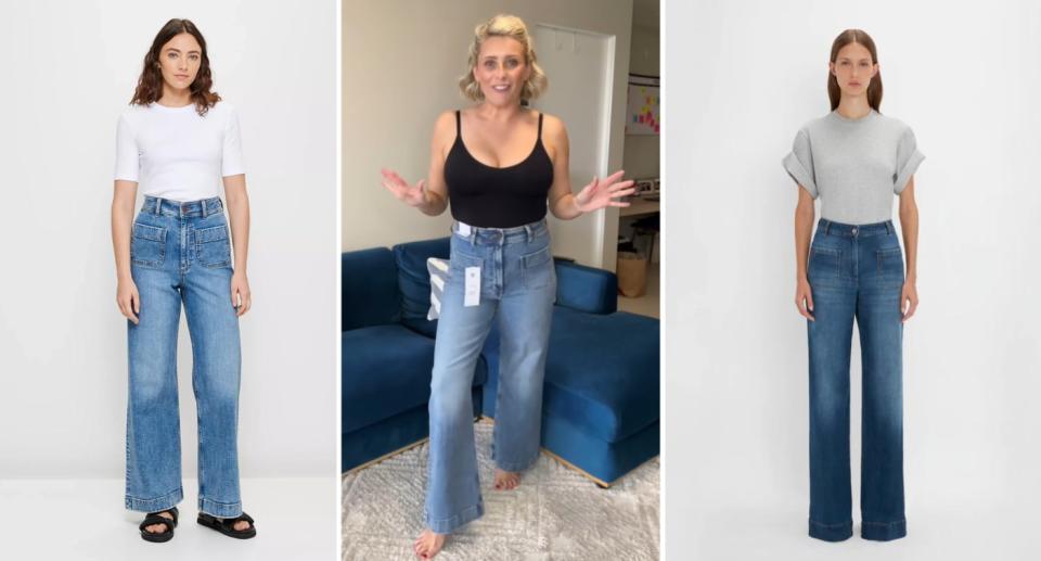 Target's Mila Denim Super High Rise Wide Leg Full Length Jeans (left and middle) are giving Victoria Beckham's Alina jeans (right) but without the $780 price tag. Photo: Target/Instagram/Victoria Beckham