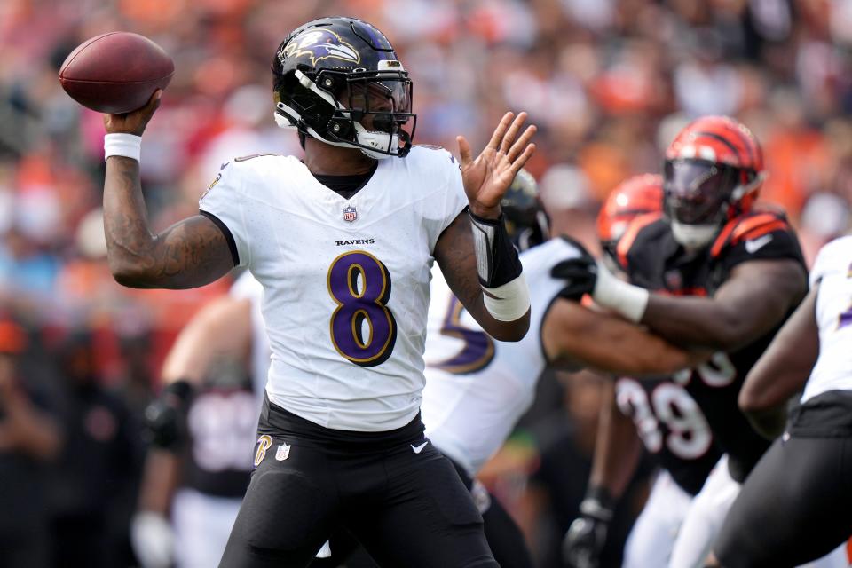 Baltimore Ravens quarterback Lamar Jackson throws in the first quarter of a Week 2 NFL football game between the Baltimore Ravens and the Cincinnati Bengals Sunday, Sept. 17, 2023, at Paycor Stadium in Cincinnati.