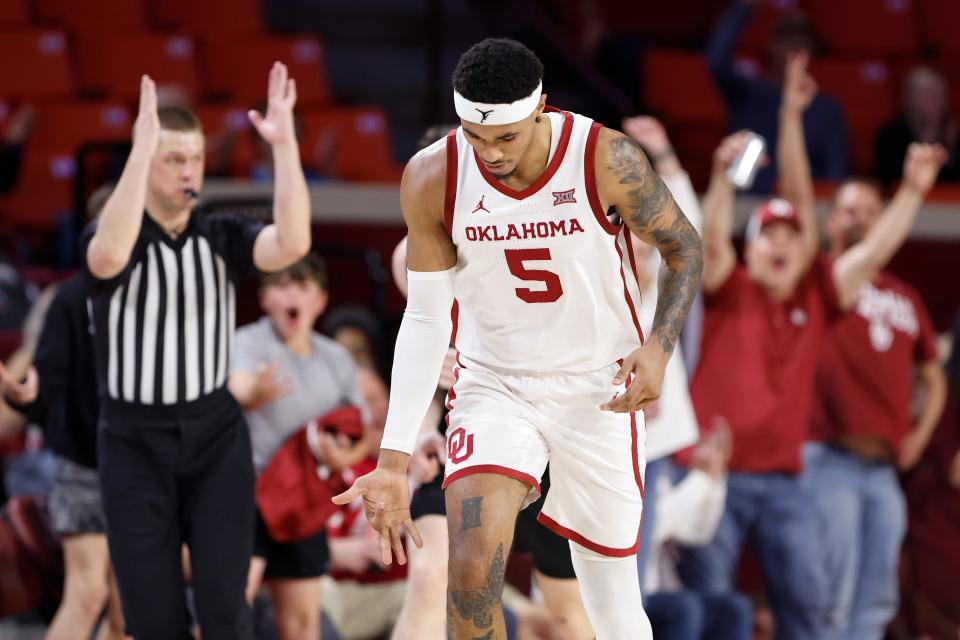 Mar 5, 2024; Norman, Oklahoma, USA; Oklahoma Sooners guard Rivaldo Soares (5) gestures after scoring a three point basket against the Cincinnati Bearcats during the first half at Lloyd Noble Center. Mandatory Credit: Alonzo Adams-USA TODAY Sports