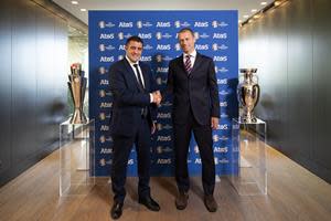 Aleksander Čeferin, UEFA President, and Nourdine Bihmane, Deputy CEO Atos Group and CEO Tech Foundations, meeting in Nyon, Switzerland.