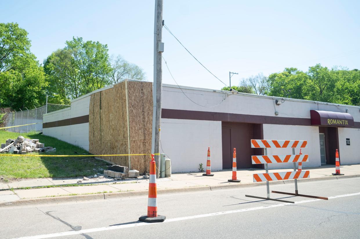 Collision damage to Romantix adult store on Michigan Avenue in Battle Creek on Monday, May 13, 2024.