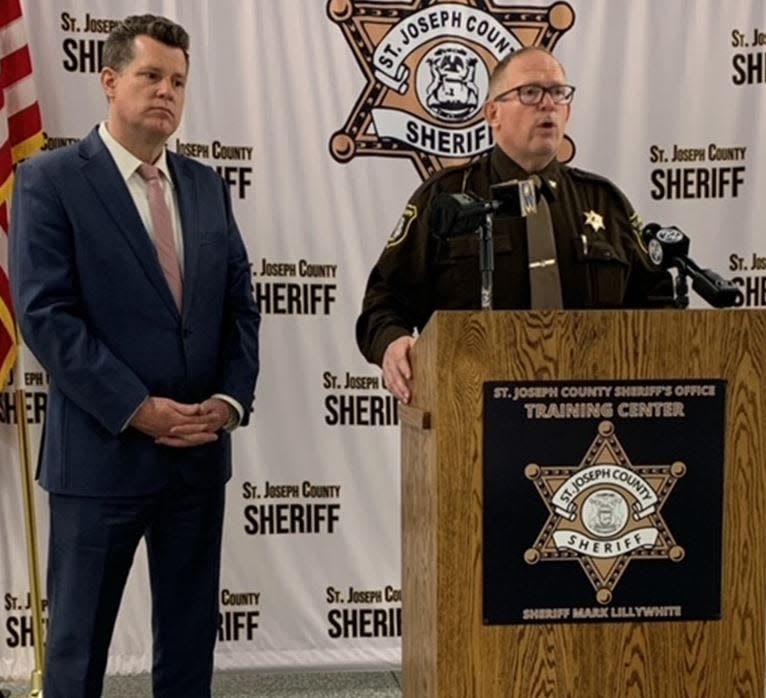 St. Joseph County Prosecutor David Marvin and Undersheriff Jason Bingaman addressed reporters Friday afternoon with details related to the arrest of a suspect who allegedly assaulted two girls under the age of 13 in Fawn River Township last month.