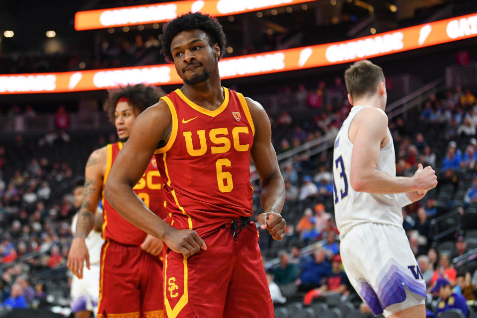 LAS VEGAS, NV – MARCH 13: USC Trojans guard Bronny James (6) watches during the first round game of the men's Pac-12 Tournament between the USC Trojans and the Washington Huskies on March 13, 2024 at T-Mobile Arena in Las Vegas, Nevada.  (Photo by Brian Rothmuller/Icon Sportswire via Getty Images)