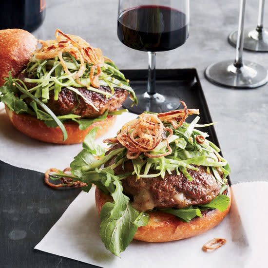 Cheddar-Stuffed Burgers with Pickled Slaw and Fried Shallots