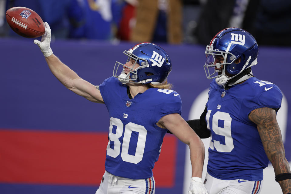 New York Giants wide receiver Gunner Olszewski (80) celebrates after running in a touchdown on a punt return during the second half an NFL football game against the Los Angeles Rams, Sunday, Dec. 31, 2023, in East Rutherford, N.J. (AP Photo/Adam Hunger)