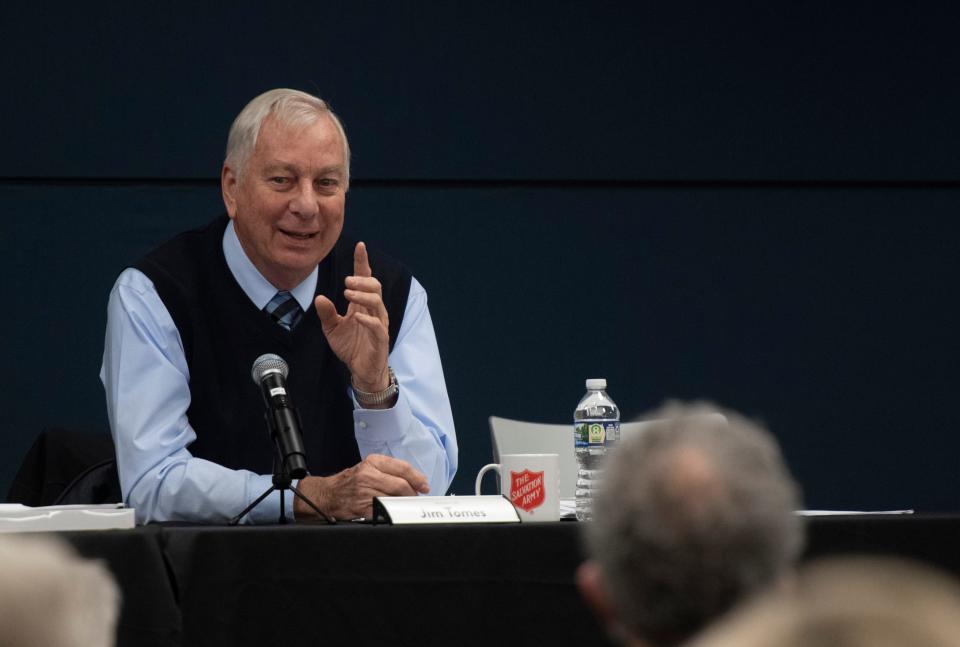 Jim Tomes, Republican, District 49, addresses the crowd during the Meet Your Legislators event at Central Library in Downtown Evansville, Ind., Saturday morning, Jan. 14, 2023.