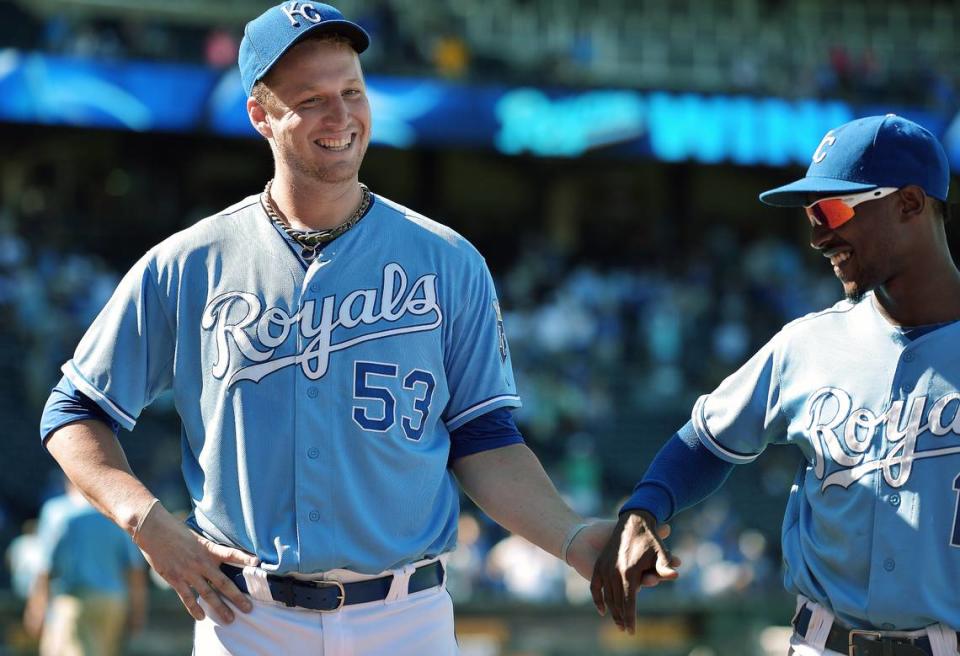 Will Smith, shown at left in 2013 during his previous stint with the Royals, receives congratulations from Jarrod Dyson after a 3-1 victory against the Seattle Mariners at Kauffman Stadium.