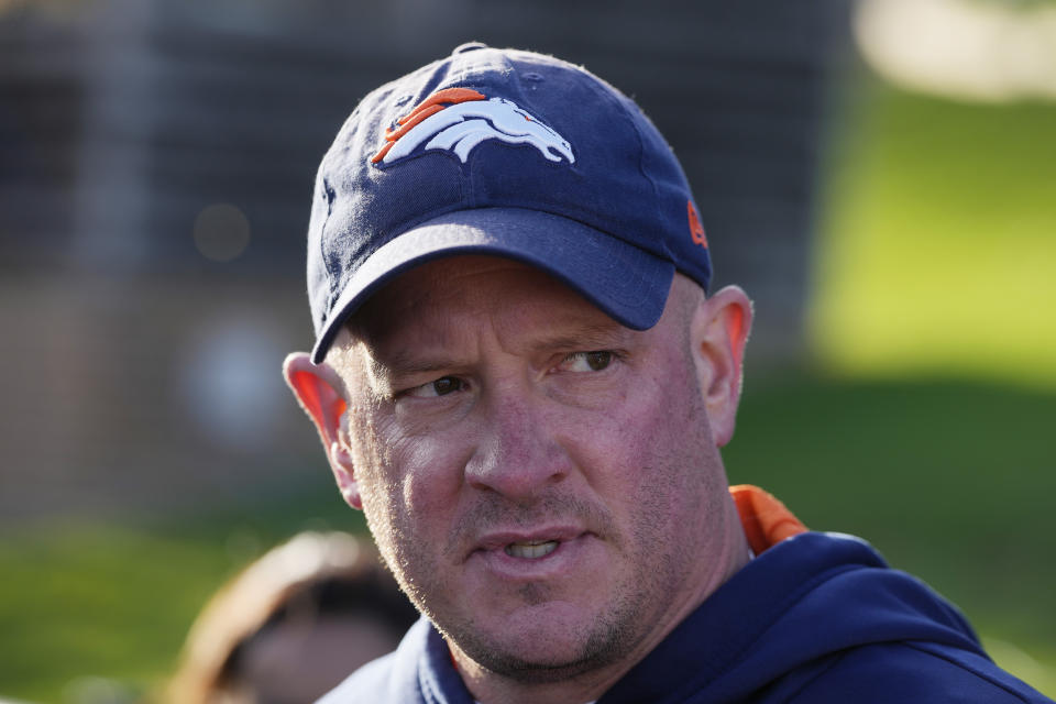 Denver Broncos head coach Nathaniel Hackett attends a news conference after a practice session in Harrow, England, Wednesday, Oct. 26, 2022 ahead the NFL game against Jacksonville Jaguars at the Wembley stadium on Sunday. (AP Photo/Kin Cheung)