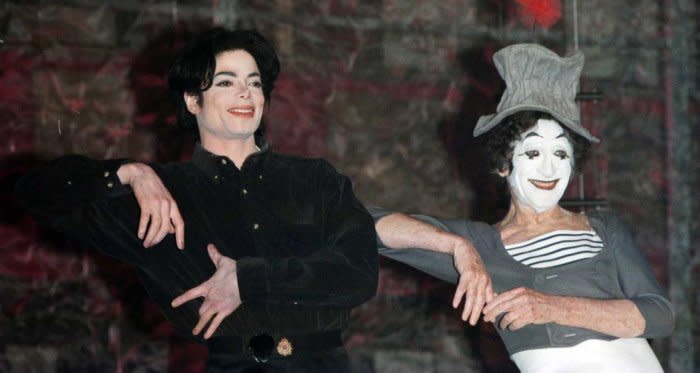 Michael Jackson rehearses with French mime Marcel Marceau on December 4 at the Beacon Theater for an upcoming HBO cable special. Jackson was rushed to a New York Hospital suffering from low blood pressure while rehearsing December 6. File Photo by Ezio Petersen/UPI