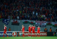 Soccer Football - 2018 World Cup Qualifications - Europe - Georgia vs Wales - Boris Paichadze Dinamo Arena, Tbilisi, Georgia - October 6, 2017 Wales' David Edwards, Ben Davies, Joe Allen, Andy King and Aaron Ramsey celebrate after the game REUTERS/David Mdzinarishvili