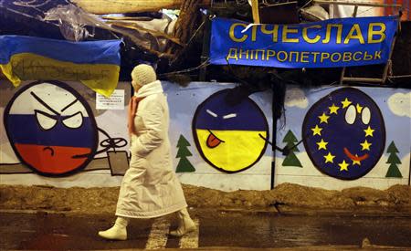 A pro-European integration protester walks by a barricade decorated with murals during a rally at Independence Square in Kiev December 17, 2013. REUTERS/Marko Djurica