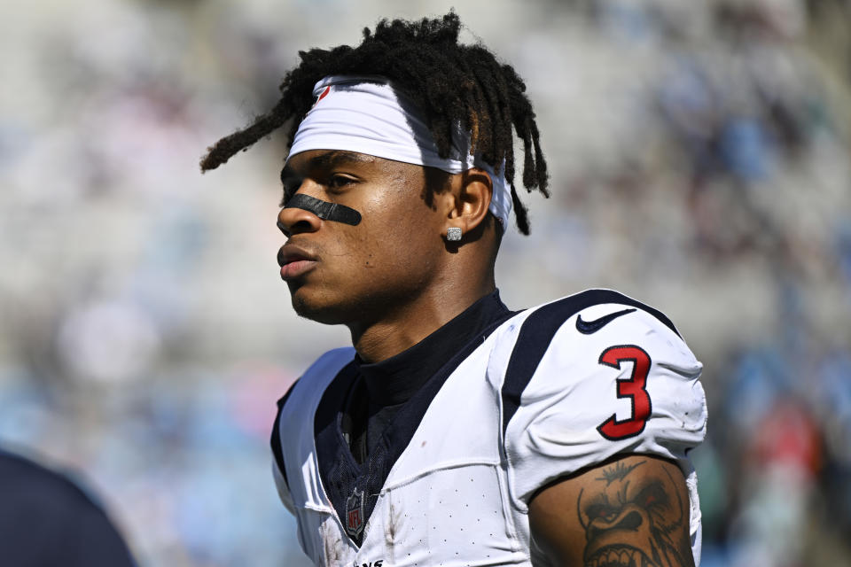 CHARLOTTE, NORTH CAROLINA - OCTOBER 29: Tank Dell #3 of the Houston Texans leaves the field for halftime against the Carolina Panthers in the second quarter at Bank of America Stadium on October 29, 2023 in Charlotte, North Carolina.  (Photo by Eakin Howard/Getty Images)