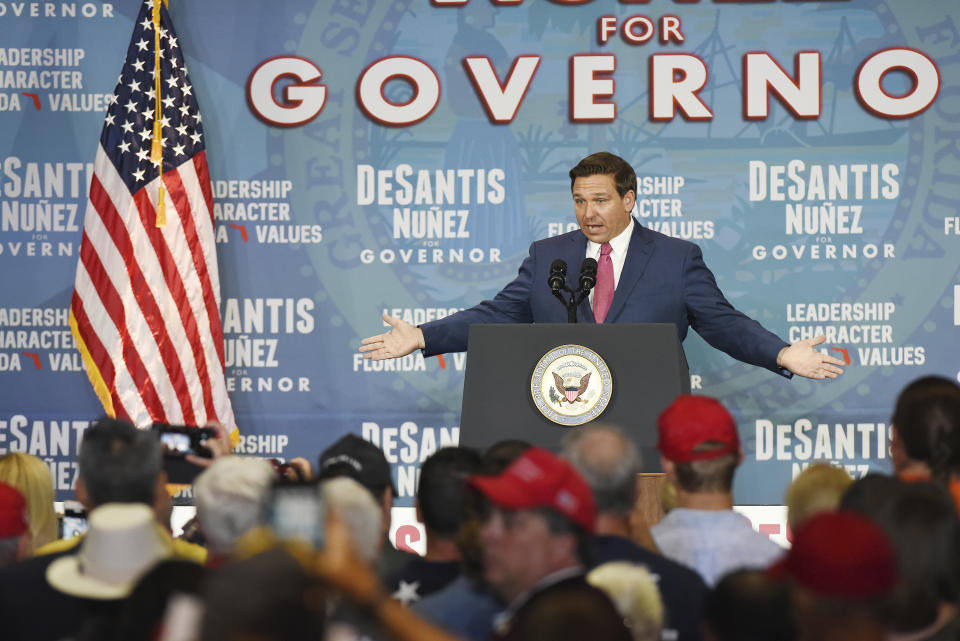 Florida Republican gubernatorial candidate Ron DeSantis addresses the audience during his Jacksonville campaign stop Thursday. DeSantis was joined at his Jacksonville, Fla., campaign rally by Vice President Mike Pence Thursday, Oct. 25, 2018. (Bob Self/Florida Times-Union via AP)