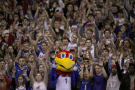 Kansas fans cheer during the second half of an NCAA college basketball against Iowa State game Saturday, Jan. 14, 2023, in Lawrence, Kan. Kansas won 62-60 (AP Photo/Charlie Riedel)