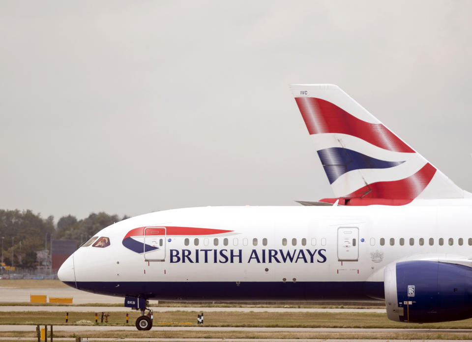 British Airways planes at Terminal Five at Heathrow Airport, London, on day one of the first-ever strike by British Airways pilots. The 48 hour walk out, in a long-running dispute over pay, will cripple flights from Monday, causing travel disruption for tens of thousands of passengers.