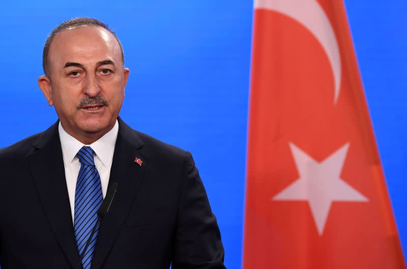 FILE PHOTO: Turkish Foreign Minister Mevlut Cavusoglu gives a statement to the media after a meeting with his German counterpart in Berlin, Germany