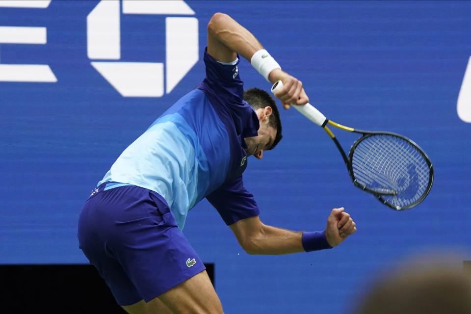 Novak Djokovic, of Serbia, smashes his racket after losing a point to Daniil Medvedev, of Russia, during the men's singles final of the US Open tennis championships, Sunday, Sept. 12, 2021, in New York. (AP Photo/John Minchillo)