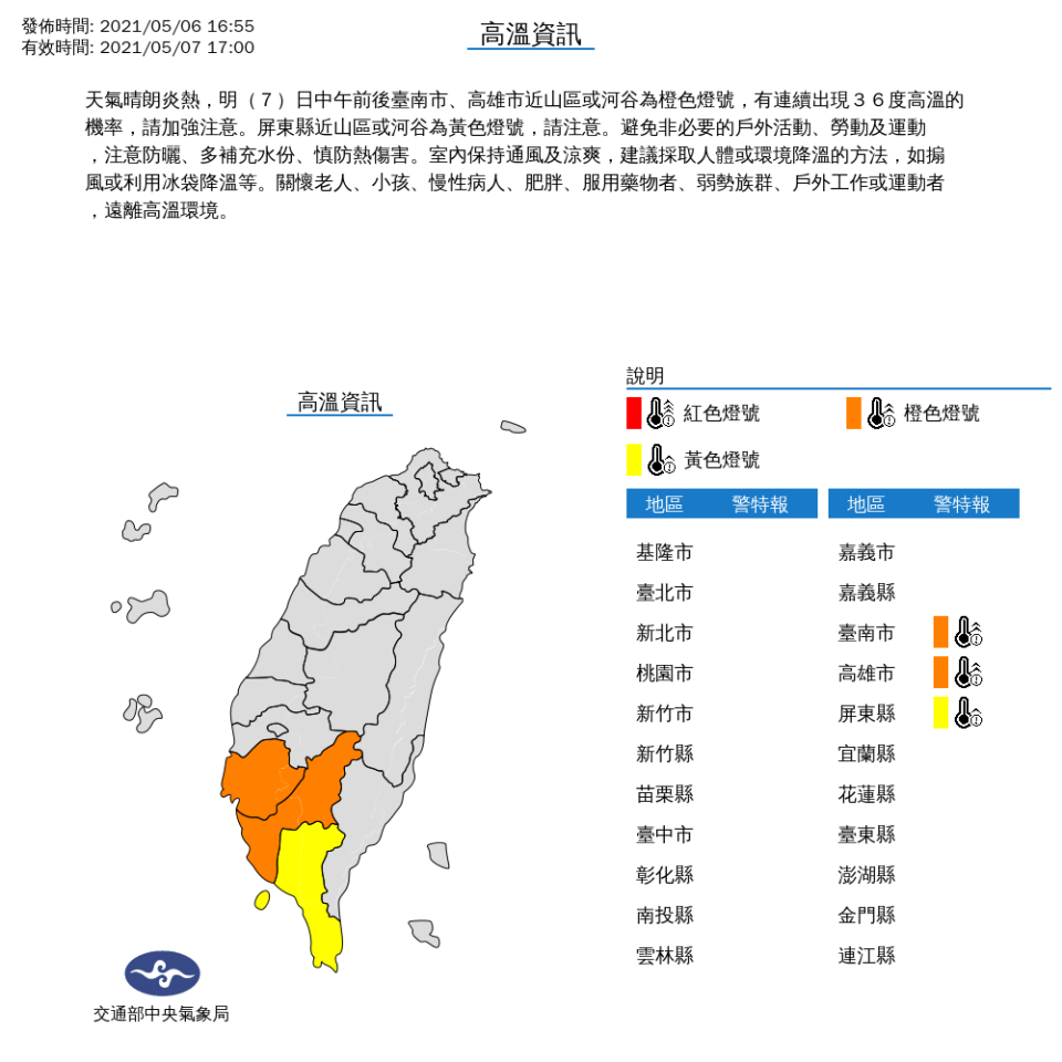 氣象局表示，明日台南、高雄、屏東要留意36度以上的高溫。   圖：中央氣象局／提供