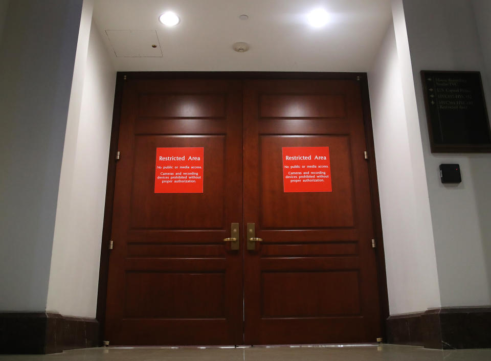 The doors are closed in restricted area where witnesses have been giving depositions regarding the impeachment inquiry against President Trump, on Capitol Hill, Nov. 5, 2019 in Washington, DC. Today two witnesses, Wells Griffith, and Michael Duffey declined to be deposed as part of the impeachment inquiry led by the House Intelligence, House Foreign Affairs and House Oversight and Reform Committees.(Photo: Mark Wilson/Getty Images)