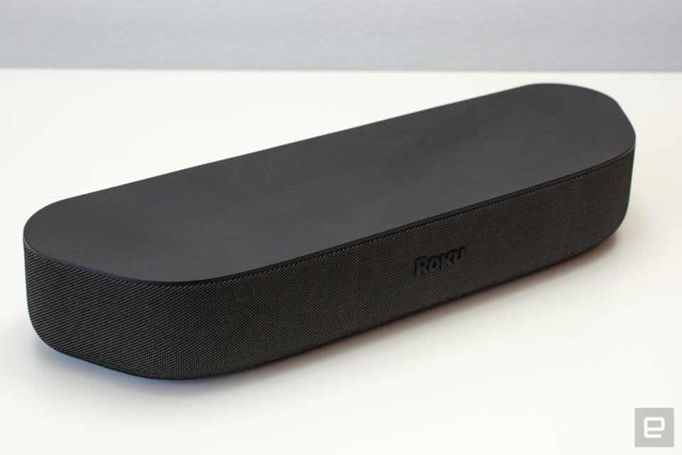 Roku Streambar soundbar on a white table.