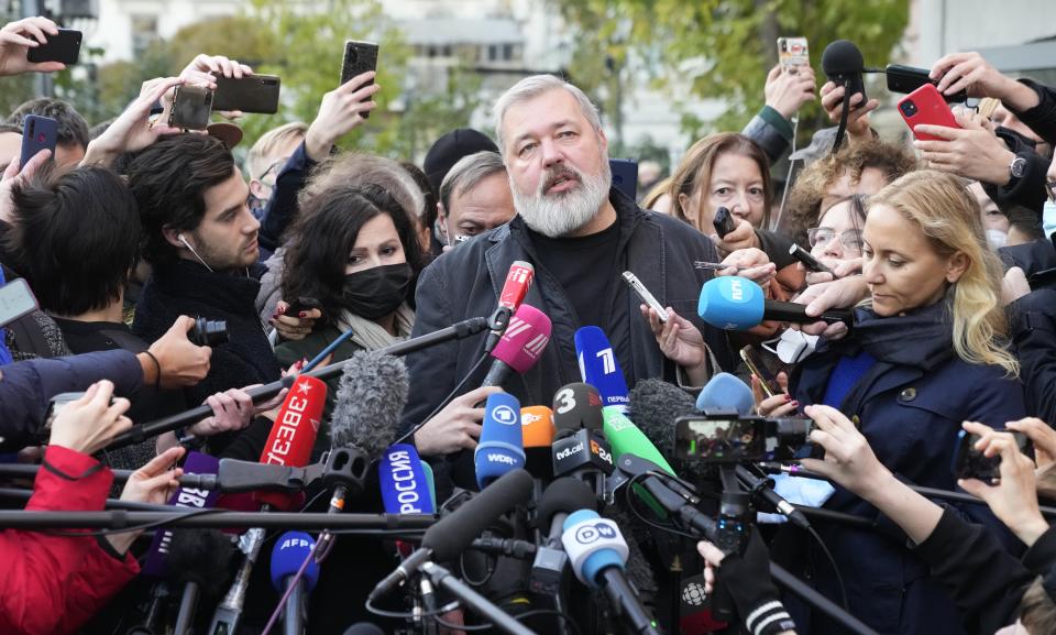 Novaya Gazeta editor Dmitry Muratov talks to media at the Novaya Gazeta newspaper, in Moscow, Russia, Friday, Oct. 8, 2021. As a new Nobel Peace Prize laureate, Russian newspaper editor Dmitry Muratov has downplayed the buzz around his name. The award isn't for him, he says, but for all of the staff at Novaya Gazeta, the independent Russian newspaper noted for investigations of official corruption, human rights abuses and Kremlin criticism (AP Photo/Alexander Zemlianichenko)