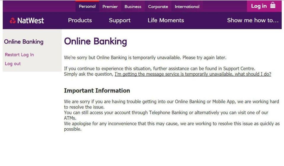 This is the screen that greeted Natwest customers trying to log in online on Friday (PA)