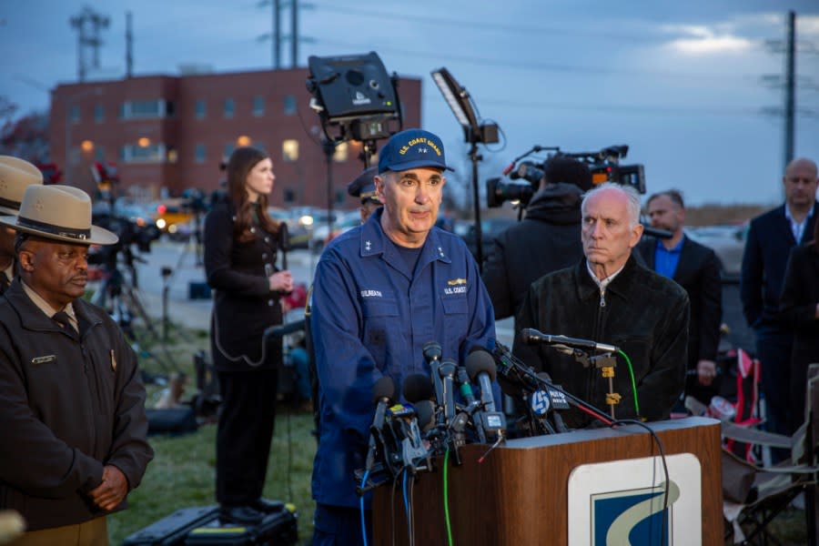 Rear Adm. Shannon Gilreath, commander of the Fifth Coast Guard District, speaks in Dundalk, Md., on Tuesday, March 26, 2024, as officials announce that all six workers missing after a Baltimore bridge collapsed are presumed dead and the search for them has been suspended until Wednesday morning. Officials said that the search and rescue mission was transitioning to one of search and recovery. (AP Photo/Ted Shaffrey)