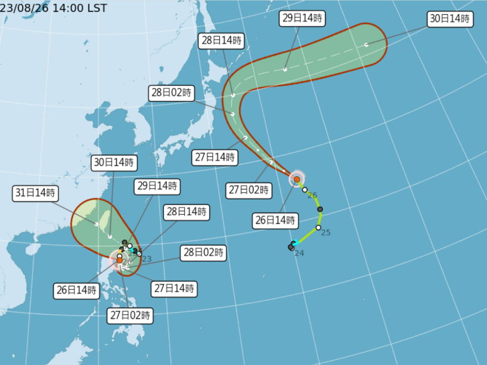 蘇拉颱風持續增強，氣象局預估，有可能從花東或恆春半島登陸，但變數還很大。（圖：氣象局網站）