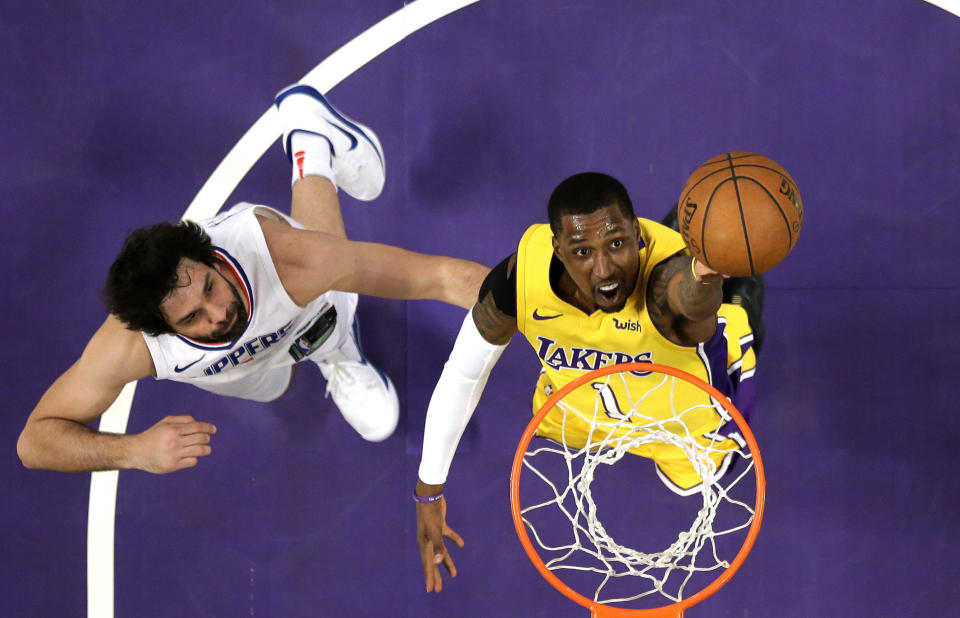 Kentavious Caldwell-Pope made an ill-advised pass to himself Friday night. (AP Photo/Mark J. Terrill)