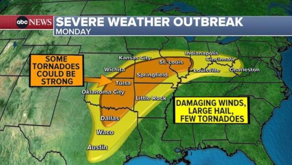 PHOTO: Severe weather forecast for Monday. (ABC News)