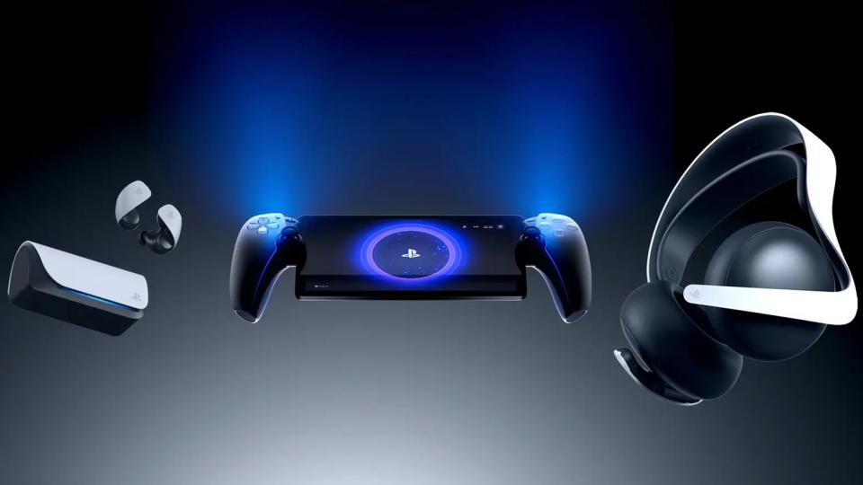 A picture of a PlayStation Portal, Pulse Explore earbuds, and Pulse Elite headset