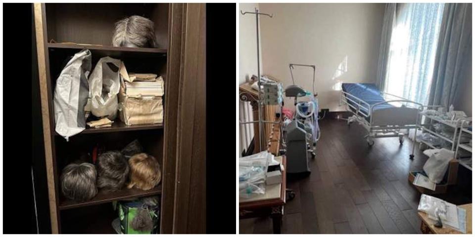 A composite image shows a wig collection and a medical room in photos allegedly taken in Wagner boss Yevgeny Prigozhin's home.