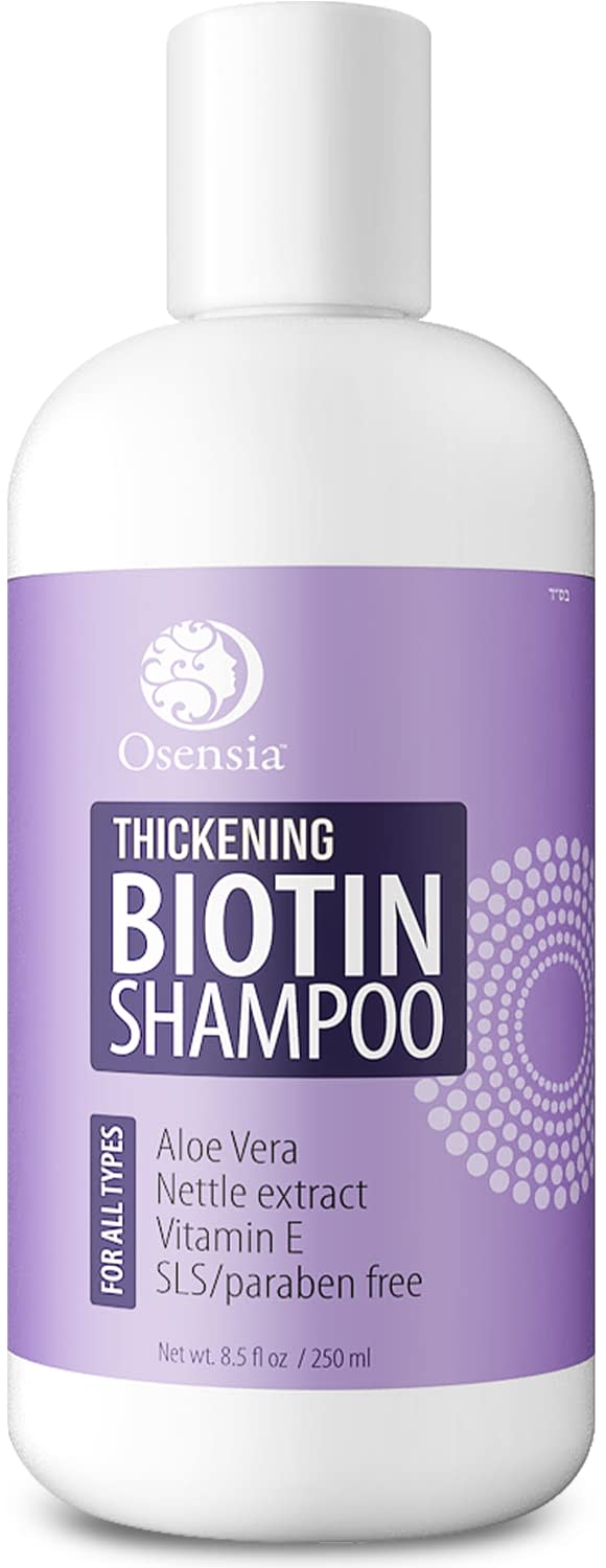 purple and white Osensia Thickening Biotin Shampoo bottle