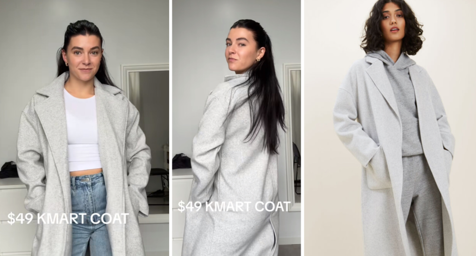 Woman wears Kmart's $49 oversized coat (left and centre) and model wears the Seed coat (right).