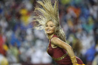 <p>A Washington Redskins cheerleader dances during a timeout during the fourth quarter at FedEx Field on October 29, 2017 in Landover, Maryland. (Photo by Patrick Smith/Getty Images) </p>