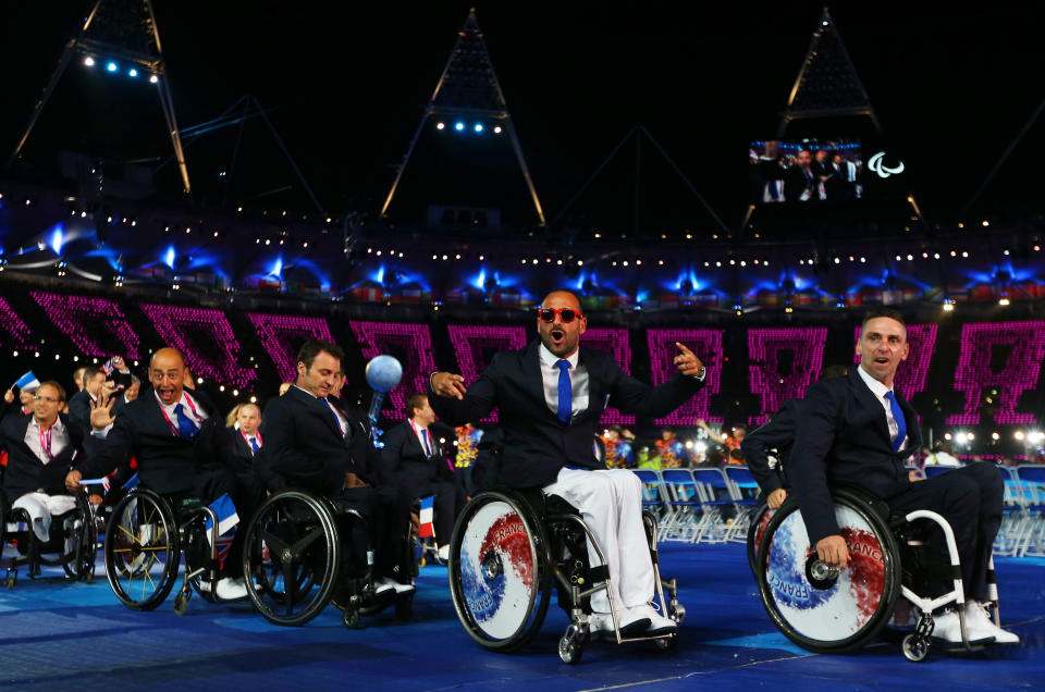 LONDON, ENGLAND - AUGUST 29: French athletes arrive during the Opening Ceremony of the London 2012 Paralympics at the Olympic Stadium on August 29, 2012 in London, England. (Photo by Dan Kitwood/Getty Images)