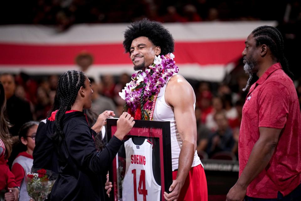 Ohio State forward Justice Sueing smiles while being honored on senior night on March 1.