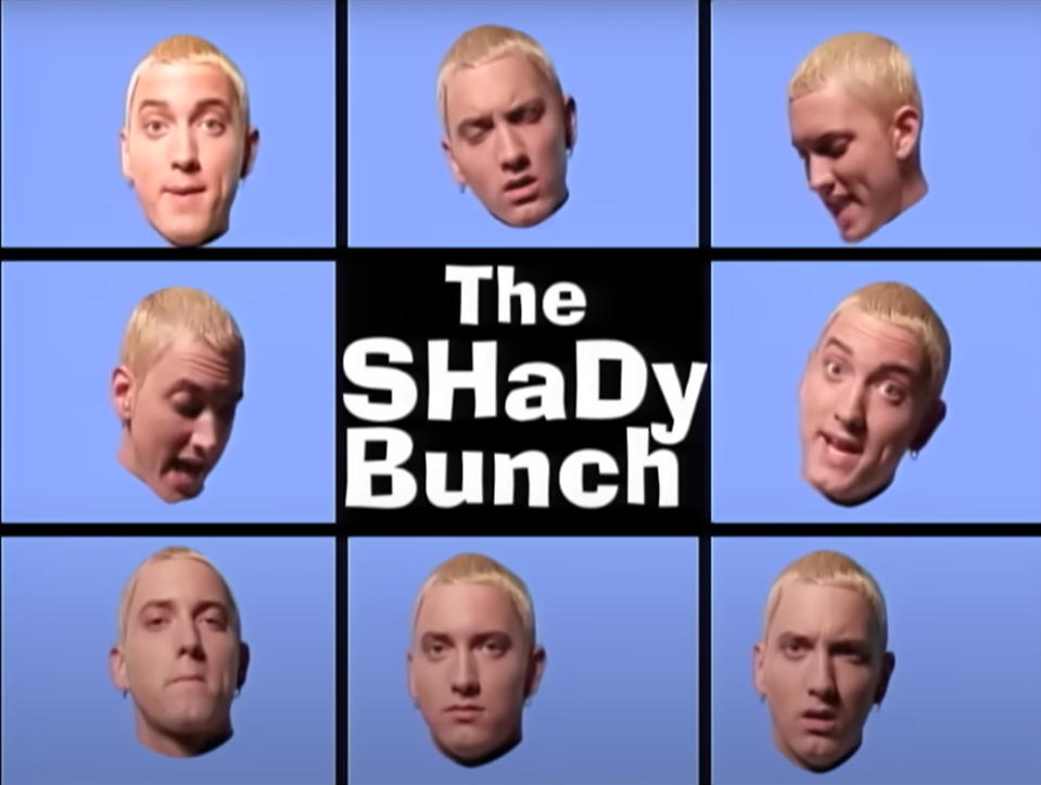 Nine images of Eminem's face with different expressions around the text "The SHaDy Bunch" in the center