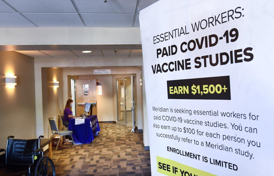 A poster seeking volunteers for a possible COVID-19 vaccine study in Binghamton, New York, in July. The FDA's commissioner has said that he would be willing to authorize a COVID-19 vaccine before Phase 3 clinical trials were complete. (Photo: ASSOCIATED PRESS)