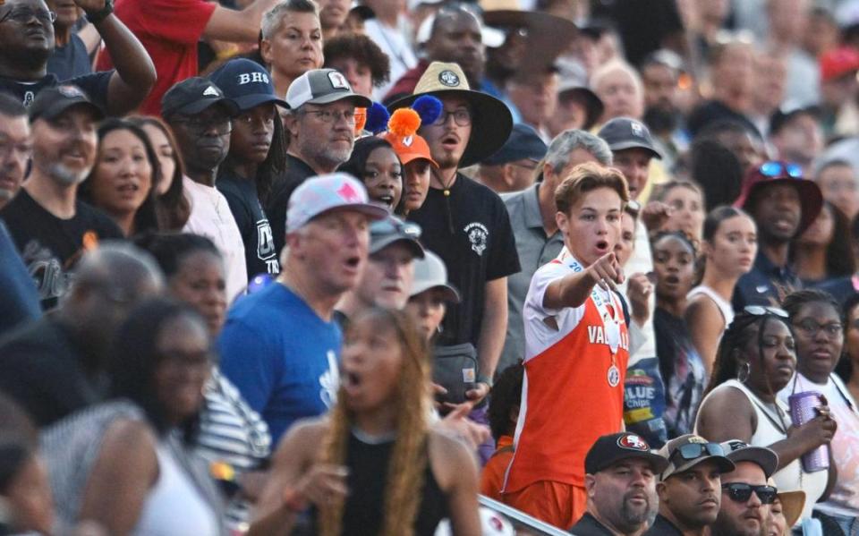 The crowd reacts to runners crossing the finish line at the 2023 CIF California Track & Field State Championship finals Saturday, May 27, 2023 in Clovis.