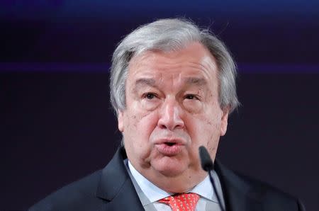 FILE PHOTO: U.N. Secretary-General Antonio Guterres delivers a speech on disarmament at the University of Geneva, Switzerland, May 24, 2018. REUTERS/Denis Balibouse/File Photo