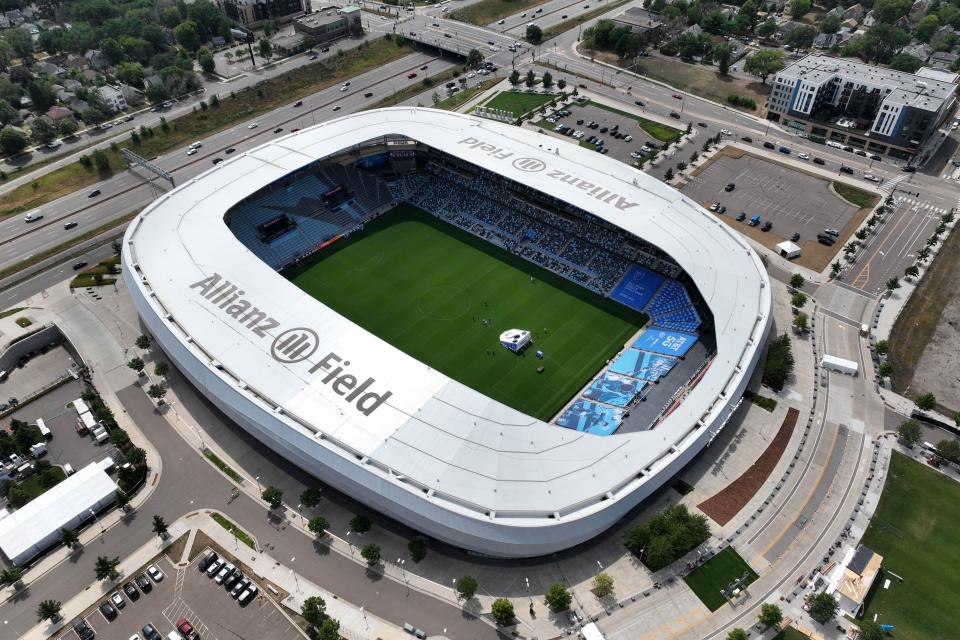 Aerial view of Allianz Field, home stadium of Minnesota United FC and the site of the 2022 MLS All-Star game.