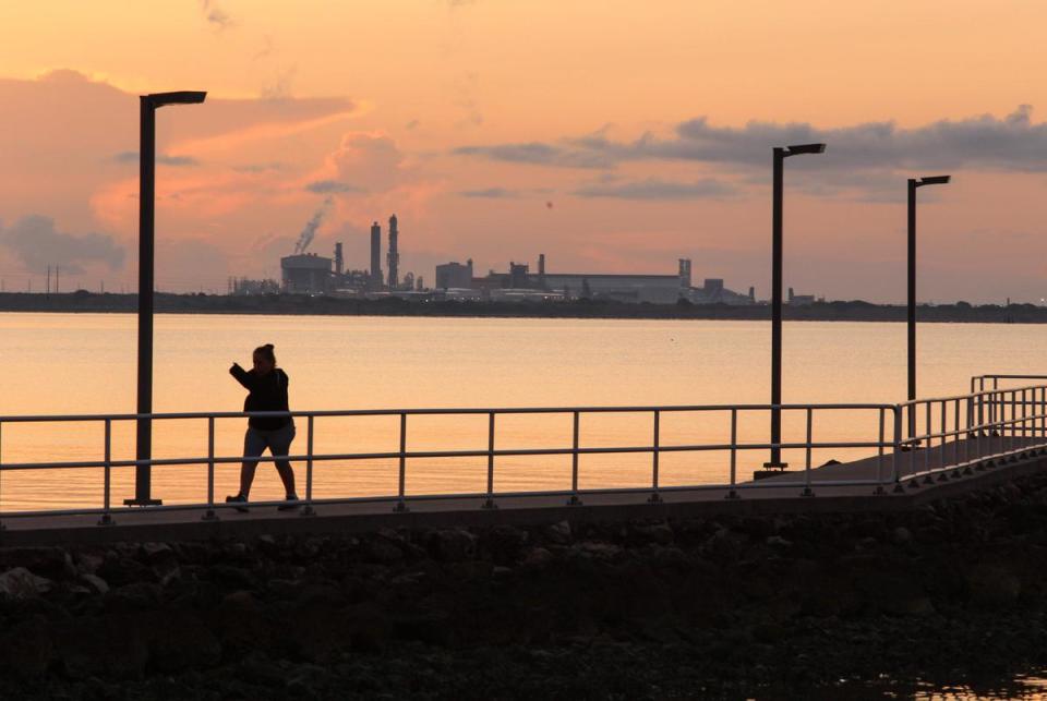 Max Midstream’s Seahawk oil terminal stands across Lavaca Bay from a jetty in Port Lavaca.