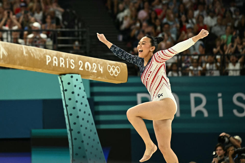 US' Sunisa Lee competes in the balance beam event of the artistic gymnastics women's team final during the Paris 2024 Olympic Games at the Bercy Arena in Paris, on July 30, 2024. (Photo by Lionel BONAVENTURE / AFP) (Photo by LIONEL BONAVENTURE/AFP via Getty Images)