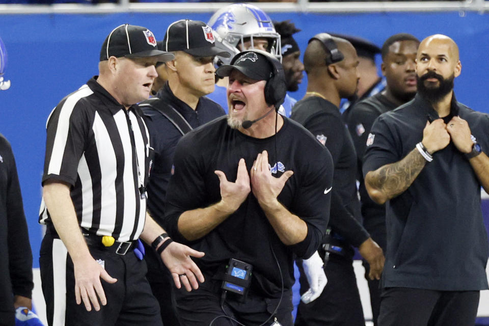 Detroit Lions head coach Dan Campbell argues a call during the first half of an NFL wild-card playoff football game against the Los Angeles Rams, Sunday, Jan. 14, 2024, in Detroit. (AP Photo/Duane Burleson)