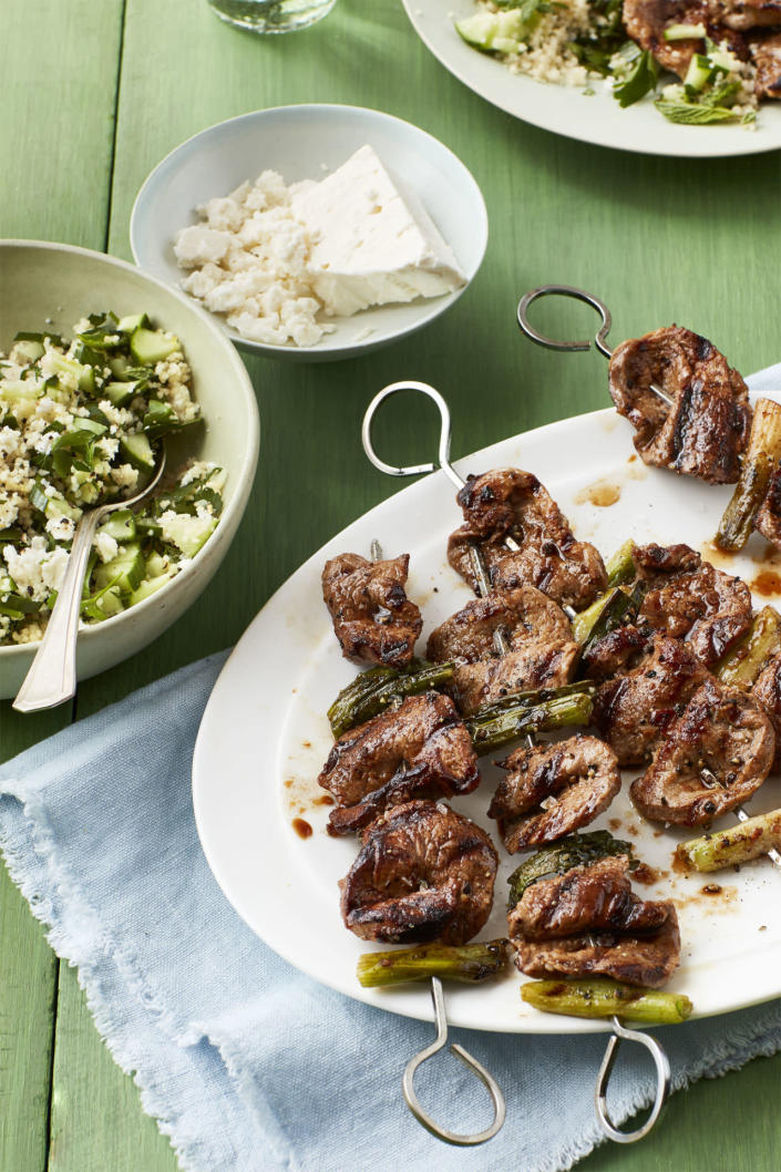 <p>Pork kebabs get an extra dose of the Mediterranean thanks to a side of mint, parsley, cucumber, and feta<span> couscous.</span></p><p><strong><a rel="nofollow noopener" href="http://www.womansday.com/food-recipes/food-drinks/recipes/a59421/pork-tenderloin-skewers-herbed-couscous-recipe/" target="_blank" data-ylk="slk:Get the recipe." class="link rapid-noclick-resp">Get the recipe.</a></strong></p>